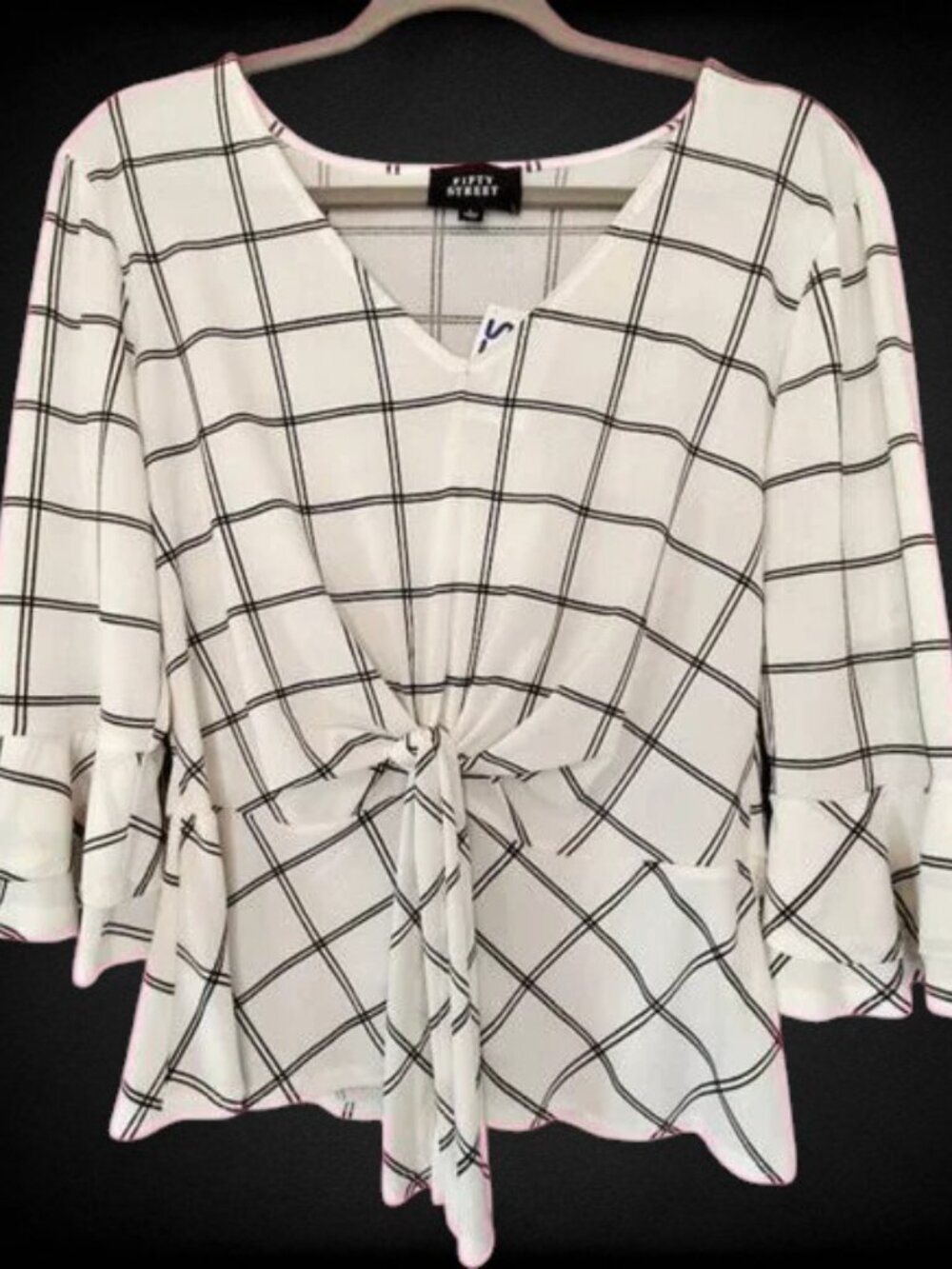 Tie Front Black & White Geometric Print Blouse Sz L